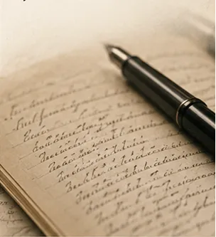 A handwritten journal with a fountain pen resting on the page